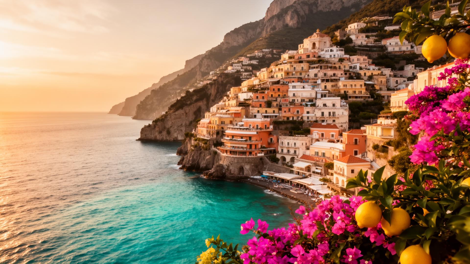 Positano at golden hour, terracotta cliffs over turquoise sea